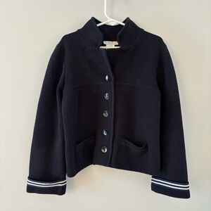 Jacadi Girl’s Button-Up Cardigan Sweater Cotton Stripe Trim Thick Knit Black